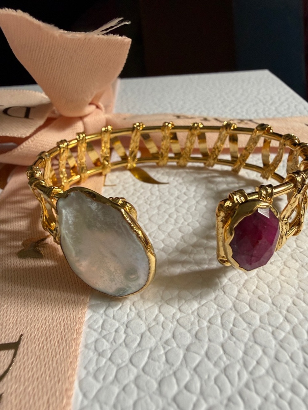 Gold Open Cuff Bracelet with White Mother-of-Pearl and Pink-Red Stone